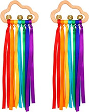 FRIUSATE 2Pcs Wooden Ribbon Ring Toys, Rainbow Hand Ribbon Teether Sensory Toy Molar Wooden Educational Toy Circle Toy with Bells for Boys Girls (Light color) (Rainbow color)
