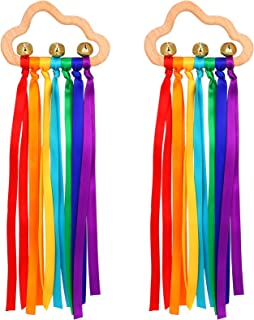 FRIUSATE 2Pcs Wooden Ribbon Ring Toys, Rainbow Hand Ribbon Teether Sensory Toy Molar Wooden Educational Toy Circle Toy with Bells for Boys Girls (Light color) (Rainbow color)