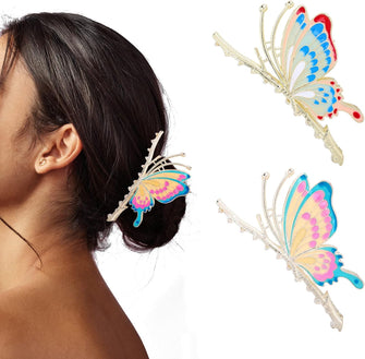 WLLHYF 2PCS Butterfly Hair Clips for Women Girls Large Claw Clips Tocess Hair Grippers Painted Glittering Metal Hair Claw Cute Hair Accessories Thick Hair Non-Slip