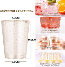 KAHEIGN 50Pcs Clear Plastic Cups, 300ml Gold Glitter Plastic Tumblers Reusable Drink Cups Elegant Party Wine Glasses for Cocktail Champagne Beer Martini Soda Dessert (9.5 x 7.5cm)