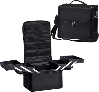 Vanity Case Makeup Storage Box Organiser Travel Train Case Luggage Makeup Case Make Up Beauty Box with Shoulder Strap, Large Size:30x23x27.5cm, Black