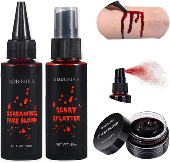 BOBISUKA Halloween Fake Blood Makeup Kit - Realistic Washable Special Effects SFX Makeup Coagulated Blood + Dripping Blood + Spray For Zombie Vampire Monster Cosplay Mouth Clothes Dress Up