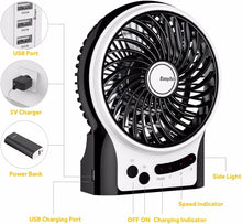 EasyAcc Battery Fan, Portable Rechargeable Desk Fan Strong Airflow Silent Personal Mini USB fan 3 Speeds with Flashlight & Blue Light Table Cooling Fan for Office Traveling Fishing Camping - Black