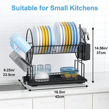 2 Tier Black Dish Drainer Rack with Drip Tray, Stainless Steel Draining Dish Rack drainer with Draining Board and Utensils Holder, Dish Drying Rack Kitchen Drainer for Small Kitchen Countertop