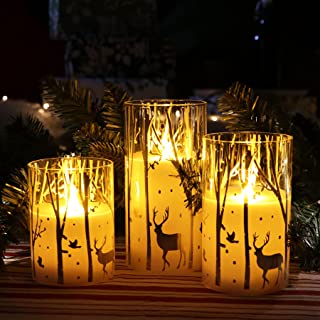 Rhytsing Silver Reindeer Design Glass Battery Operated LED Candles with 6H Timer, Christmas Flameless Candles with Warm White Light, Batteries Included - Set of 3