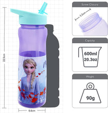 Disney Frozen Water Bottle with Straw  Reusable Kids 600ml PP  in Purple  Official Merchandise by Polar Gear  BPA Free & Recyclable Plastic  for School Nursery Sports Picnic, Multi Colour