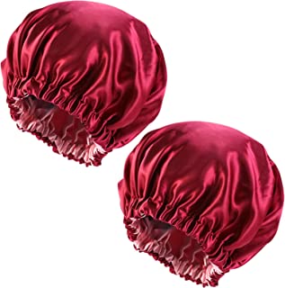 2 Pack Hair Bonnet for Sleeping, Double Layer Satin Bonnet, Adjustable Night Sleep Caps, Soft Silk Hair Wrap Head Cover for Women and Girls Curly Hair, Double Side Used (Burgundy & Pink)