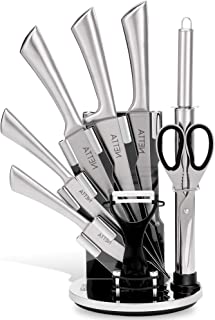 NETTA Kitchen Knife Set with Block – Professional 8 Piece Stainless Steel Set - Premium Kitchen Set with Clear Storage Block, 5 Knives, Scissors, Knife Sharpener and Potato Peeler