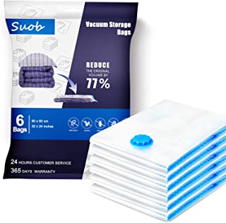 Suob 6 Pack Vacuum Storage Bags, 80 x 60cm Double Zip Seal Reusable for Bedding, Double Duvet, Pillows, Mattress, Quilt, Clothes, Sweaters, Dress, Coats, Curtains, Blankets