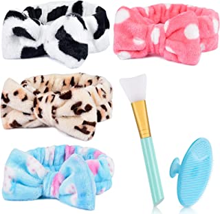 4 Pack Spa Headband,MORGLES Facial Makeup Headband Bowknot Hair Bands Cosmetic Headband Head Wraps with 1pc Face Mask Brush 1pc Silicone Face Scrubbers for Women Washing Face Skincare