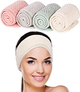 Whaline 4 Pack Spa Facial Headband Super Absorption Makeup Hair Wrap Adjustable Coral Fleece Hair Band Soft Towel Head Band for Face Washing, Shower Sports Yoga (Pea Green, Pink, Beige, Light Gray)