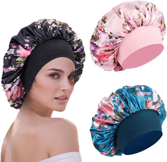 WUBAYI 3 Pcs Soft Satin Bonnet, Silk Bonnet Hair Wrap for Sleeping, Sleeping Hair Care Cap Bonnets, Night Sleeping Head Cover Sleeping Hat for Women and Girls Curly Hair (Pink,Black,Blue)