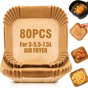 80Pcs Air Fryer Liners Disposable Square, Airfryer Parchment Paper Liners for 3-5.5-7.5L Air Fryer Basket Tray Accessories Greaseproof Baking Paper Sheets Compatible with Ninja, Tower, COSORI(6.5-8")