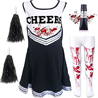 Zombie Cheerleader Fancy Dress Costume for Kids – Scary Girl Halloween Outfit Children’s Trick or Treating Dress Tights and Fake Blood Black