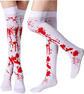 SHATCHI Halloween Bloody Stockings Zombie Blood Stained Thigh High Socks Ghost Cosplay Fancy Accessories Women Girls Dress Up One Size Fit All, White/Red