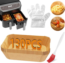 130 Pcs Air Fryer Liners,Rectangle Air Fryer Disposable Paper Liners with 100 Pcs Disposable Gloves and Oil Brush, Air Fryer Accessories for Ninja Dual AF400UK/AF300UK-8.7x5.5"