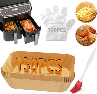 130 Pcs Air Fryer Liners,Rectangle Air Fryer Disposable Paper Liners with 100 Pcs Disposable Gloves and Oil Brush, Air Fryer Accessories for Ninja Dual AF400UK/AF300UK-8.7x5.5"