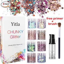 Yitla 8 Color face Glitter Cosmetic Glitter, for Body, Cheeks and Hair, Festival and Party Beauty Makeup - Includes Long Lasting Fix Gel and Brush