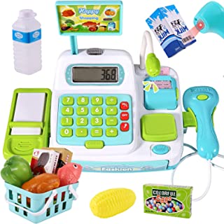 BUYGER Kids Toy Till Cash Register with Scanner, Real Calculator with Light and Sounds, Pretend Role Play Shopping Till Food Toys - Gift for Kids Girls Boys 3 + Years Old