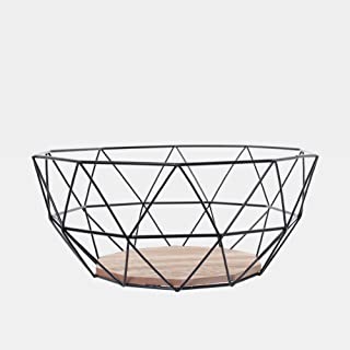 Black Geometric Metal Wire Wooden Base Decorative Storage/ Display Basket Fruit Bowl