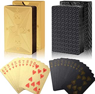 2 Decks Waterproof Poker Cards, ruiqiu Diamond Playing Cards Professional Classic Magic Poker Cards for Family Party Game (Gold, Black)