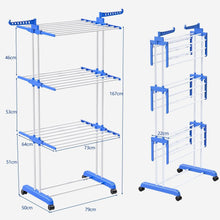 Nestling Drying Rack, 3 Tier Foldable Stainless Steel Clothes Drying Rack, Foldable Mobile Laundry Drying Rack, Outdoor Indoor Drying Rack with 4 Wheels (Blue)