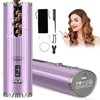 Cordless Hair Curler, Wireless Automatic Curling Iron Tangle-Free, 6 Temperature & Timer, LCD Display, USB Rechargeable, Auto Shut-Off, PTC Ceramic Curling Wand for Hair Styling, Travel & Home Use