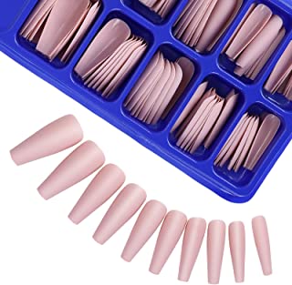 Molain Matte Coffin Shaped Long Fake Nail Tips 100 Pieces Ballerina Full Cover False Nails Acrylic Fingernails Extension DIY Decorations with Case (Pink)