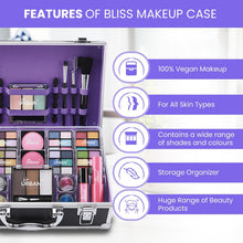 Bliss Makeup Case with Vegan Makeup Products  Complete Makeup Suitcase with Eyeshadow, Blusher, Lipstick, Eyebrow Wax and Powder, Brushes  Aluminum-Framed Makeup Case Organizer