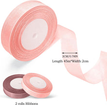 2 Rolls of Organza Ribbon, Clear Chiffon Ribbon, 20mm x 45m Each, for DIY Crafts, Ribbons for Gift Wrapping, Birthday Party Ribbon Decoration (Pink Ribbon)