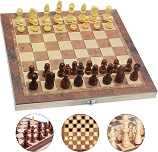 Jsdoin 3 in 1 Chess Set - 12"x12" Wooden Chess Board, Educational Fold Out Chess Board Games, Wooden Chess Kit cardboard for Boys, Girls, Family Games(29cm×29cm)