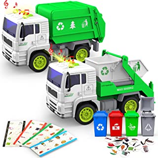 Garbage Truck Toys, GizmoVine 2 Pcs Bin Lorry Toy, Toy Cars for 3 Year Old Boys, Friction Powered Car Toy Lorry Rubbish Trucks with 4 Garbage Cans, Educational Toy Gifts for 3+ Years Old Kids