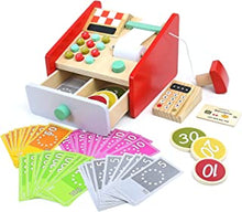 TONZE Wooden Toy Till Cash Register Role Play Toys for 2 3 4 5 Year Old Girls Boys Kids with 46Pcs Play Money & Scanner & Receipt Wooden Childrens Play Till Toys for Kids Girls Boys