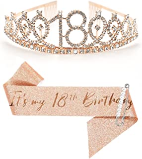 18th Birthday Sash Tiara and Crowns for Girls,Birthday Queen Gold Tiara for Women,Princess Tiara Rhinestone Headbands with Combs Bridal Wedding Tiaras for Wedding Prom Bridal Party Costume Christmas