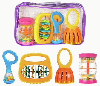 Halilit Baby Band Musical Instrument Gift Set. 4 Piece Musical Sensory set Includes a Rainboshaker, Clip Clap, Cage Bell, Baby Maraca and Clear Carry Case. Suitable for Boys and Girls 6 month +