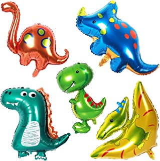 Dinosaur Balloons, 3D Giant Dinosaur Foil Balloons Inflatable with Helium/Air, 5 Pack Jumbo Dinosaurs Foil Balloons T-Rex Triceratops Jurassic Theme for Birthday Party Supplies Baby Shower Boys Girls