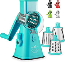 Zulay Kitchen Manual Rotary Cheese Grater with Handle - Round Cheese Shredder Grater with 3 Interchangeable Stainless Steel Blades - Easy to Use Fruit, Nut, and Vegetable Grater (Light Blue)