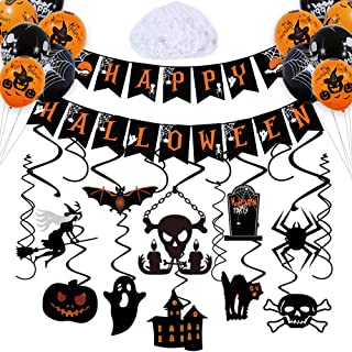 Halloween Party Decoration Kit - Halloween Hanging Swirl, Happy Halloween Banner, 12 Pieces Halloween Balloons and 20 gram Spiderweb Cobweb for Halloween Party Indoor Outdoor Decorations