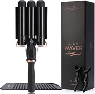 3 Barrel Curling Iron, Triple Hair Waver & Crimper Wand for Beach Waves, Ceramic Tourmaline with Adjustable Temperature - Glam Waver, Black