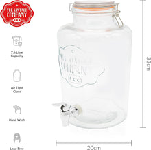 The Vintage Company B 51050 Jumbo Glass Drinks Dispenser  Air Tight Lid and Tap  7.6 Litre Capacity  Weddings/Parties/BBQs, 7.6 liters, Clear