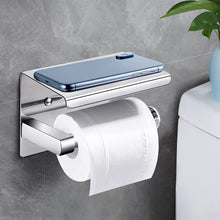 Toilet Roll Holder Wall Mounted, Self Adhesive Toilet Paper Holder with Shelf, Chrome Loo Roll Holder Stick on Wall, Brushed Stainless Steel No Drill Tissue Roll Holder Bathroom Accessories(Silver)