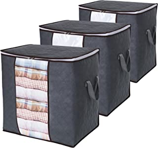 Lifewit Clothes Storage Bag 90L Large Capacity Organizer with Reinforced Handle Thick Fabric for Comforters, Blankets, Bedding, Foldable with Sturdy Zipper, Clear Window, 3 Pack, Grey