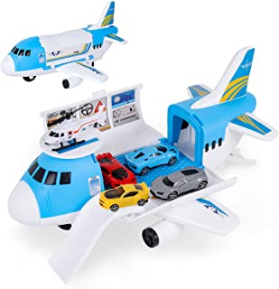 Shayson Transport Cargo Airplane Car Toy Play Set for Boys and Girls Ages 3 and Up - Includes 4 Cars, 1 Helicopter, Kids DIY Preschool Toy Gift