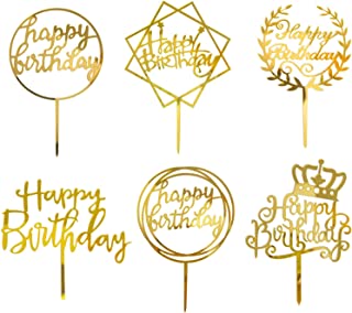 DERAYEE 6 Pack Happy Birthday Cake Topper Kit Acrylic Cake Toppers Gold Cake Decoration for Boys Girls Kids Birthday