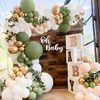 Sage Green Balloon Garland Arch Kit,152Pcs Olive Green Balloons Arch Set with White Latex Balloon Gold Metallic Latex Balloon for Boys Girls Baby Shower,Birthday Party,Jungle Safari Party Decoration