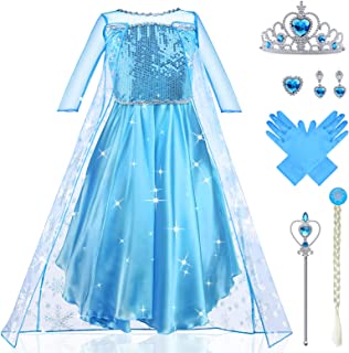 URAQT Elsa Dress, Elsa Princess Costume with Fairy Wand and Crown Tiara, Elsa Anna Dress Up for Girls, Deluxe Girls Fancy Dress for Party Cosplay Bridesmaid Pageant