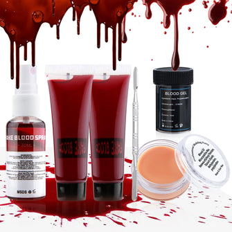 Beteligir Demonic Special Effects SFX Halloween Makeup Kit Scar Wax Kit (Scar Wax with Spatula Tool + Fake Blood Splatter Spray + Fake Blood Gel + Fake Blood + Fake Blood (01)