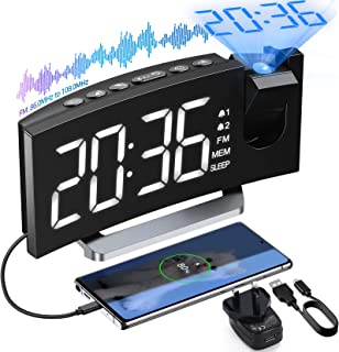 Alarm Clock Radio, Digital Clock with 0-100% Dimmer and Projection on Ceiling, Large Display, Dual Alarms, USB Charger, 5 Alarm Sounds and Adjustable Volume, Digital Alarm Clock for Bedroom, Snooze