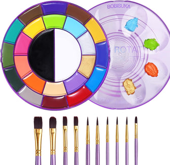 BOBISUKA Face Body Paint Palette Set, 24 Colors SFX Painting Makeup Kit + 10pcs Purple Artist Brushes, Large Black & White Pan, Neon Camo Oil Paint Set for Cosplay Halloween