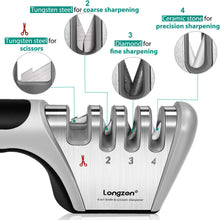 longzon Knife Sharpener, Professional 4 Stage Manual Sharpener for Sharpening Kitchen Knives and Scissors With Cut Protection Gloves for Chef and Home- Gray